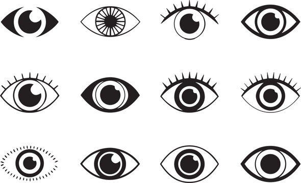 Black and white illustration, stylized eye icons, minimalist design, graphic symbols, vector art, line drawing, geometric shapes, abstract eyeball patterns, simple eye logos, optical illusion