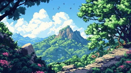 A stunning 2D illustration of a magnificent green mountain, showcasing its lush, vibrant landscape with rolling hills and serene natural beauty.