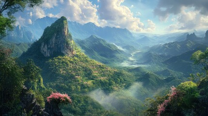Obraz premium A stunning 2D illustration of a magnificent green mountain, showcasing its lush, vibrant landscape with rolling hills and serene natural beauty.