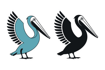 Two Pelican Illustrations In Blue And Black With Outlines Displayed On A White Background With Wings Spread