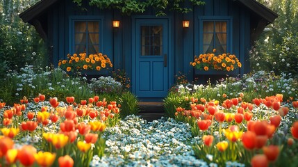 Fototapeta premium Charming Blue Cottage With Tulips And Daisies Garden Photo In Full Bloom