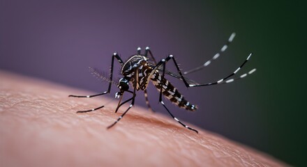 Close-up of aedes albopictus mosquito biting human skin, potential carrier of dengue fever