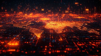 Abstract Digital World Map with Glowing Data Visualizations