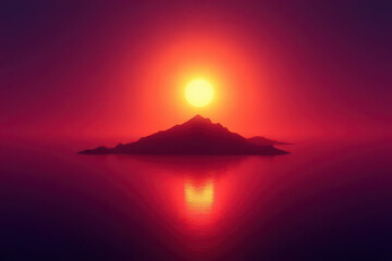 Fototapeta premium Dark Island Under Flaming Magenta Sky: Abstract Burning Sun Sunset Concept
