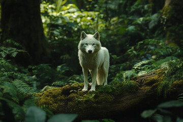 Obraz premium Majestic White Wolf Standing Tall on Mossy Log, Forest Backdrop, Eye Contact, Wild Nature