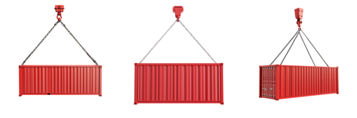 Set of A bright orange shipping container suspended by a crane on transparent png background. Ai generated