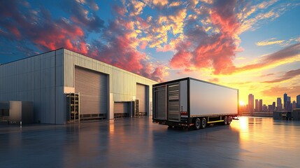 Obraz premium Modern warehouse and truck at sunset