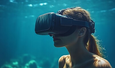 Woman Wearing Vr Headset Underwater