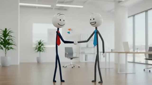 Two animated characters in a modern office shaking hands, symbolizing partnership and collaboration