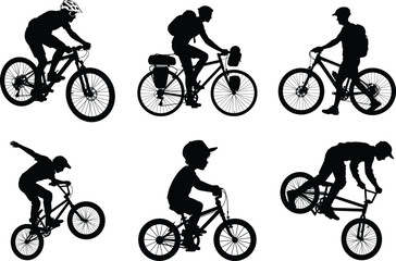 Obraz premium Cycling Man Silhouette Vector Illustration Bundle Design. Cyclist, Mountain Biking Graphic, Sports Vector Illustration, Bicycle Rider, Mountain Biker, BMX Rider, Woman Cycling, Sports Bike, Outdoor.