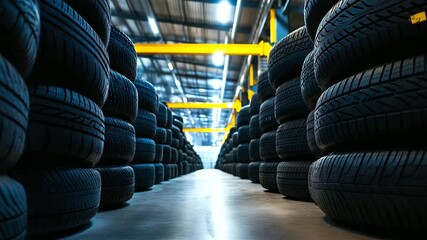 Endless rows of black rubber tires stacked with precision inside a spacious, well-lit warehouse, reflecting efficient automotive storage solutions.