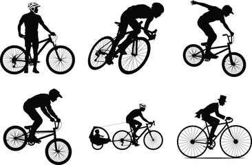 Fototapeta premium Cycling Man Silhouette Vector Illustration Bundle Design. Cyclist, Mountain Biking Graphic, Sports Vector Illustration, Bicycle Rider, Mountain Biker, BMX Rider, Woman Cycling, Sports Bike, Outdoor.