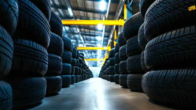 Endless rows of black rubber tires stacked with precision inside a spacious, well-lit warehouse, reflecting efficient automotive storage solutions.