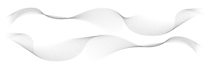 Flowing dots particles wave pattern halftone gradient curve shape isolated on white background. Vector in concept of technology,