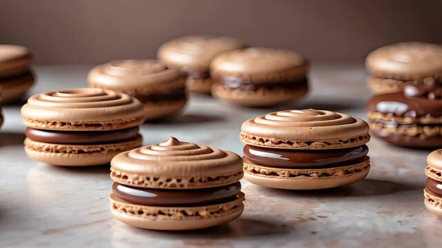 Delicious freshly made chocolate macarons arranged on a marble surface, showcasing their smooth texture and rich filling.

