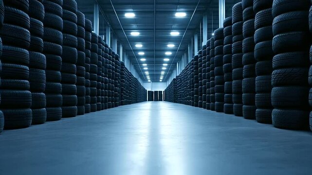 A symmetrical arrangement of stacked tires in a spacious warehouse, capturing the organized and professional storage environment.