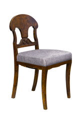 This wooden chair features a classic design with a curved backrest and gray padded seat, perfect for dining rooms or living spaces. It combines style and comfort seamlessly.