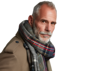 Mature Man in Winter Coat and Plaid Scarf