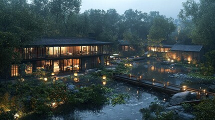 Tranquil Asian-style resort nestled in a lush forest, with a serene pond and wooden walkways