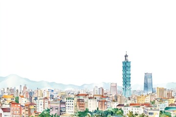 Naklejka premium Taipei city architecture watercolor cityscape.