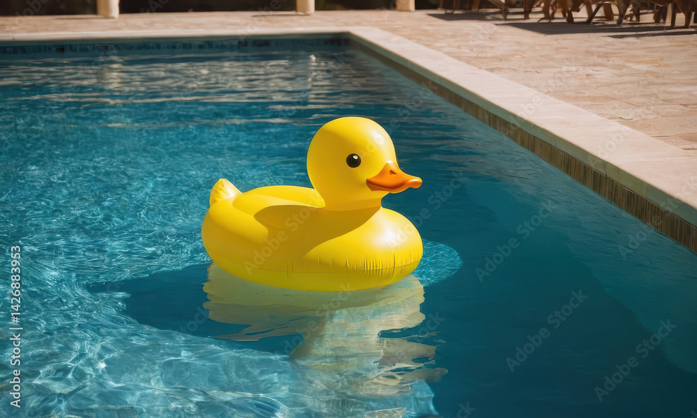 Poster a bright yellow rubber duck floating on the surface of a pool, ready for a fun day in the sun