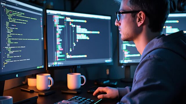 A focused software developer working late at night with multiple monitors displaying code, cups of coffee, and programming in a dark room.

