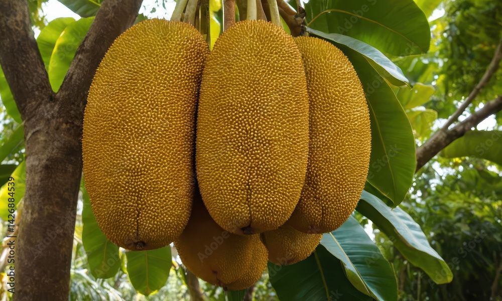 Poster a cluster of ripe jackfruits hangs from a tree branch, ready to be harvested