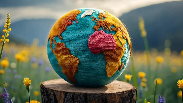 A creative globe with woolen textures depicting continents, placed on a tree stump in a vibrant wildflower field during the day.

