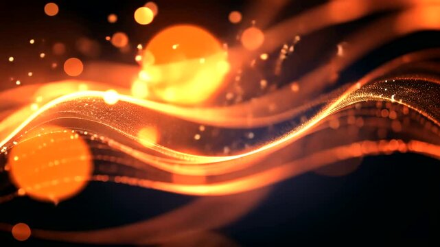 Flowing orange waves with glowing particles in darkness