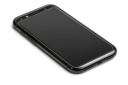 Modern black smartphone resting on a plain background.