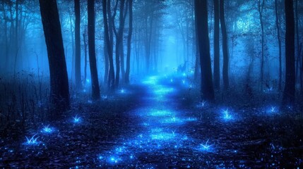 Naklejka premium Enchanted Forest Pathway with Mystical Glowing Lights and Fog