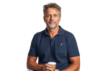 Middle-Aged Man Holding Coffee Cup in Blue Polo Shirt