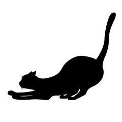 Silhouette of a black cat stretching, isolated on a white background.Vector illustration of a pet.