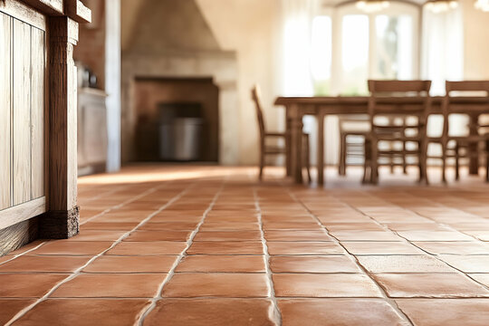 Rustic terracotta tile flooring in a bright kitchen-dining area.
