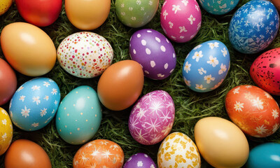 Obraz premium Easter eggs in various colors sit on top of lush green grass, perfect for spring or holiday themes