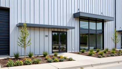 The exterior of the modern warehouse with a small office unit features sleek metal paneling and large glass windows, creating a contemporary and professional aesthetic.