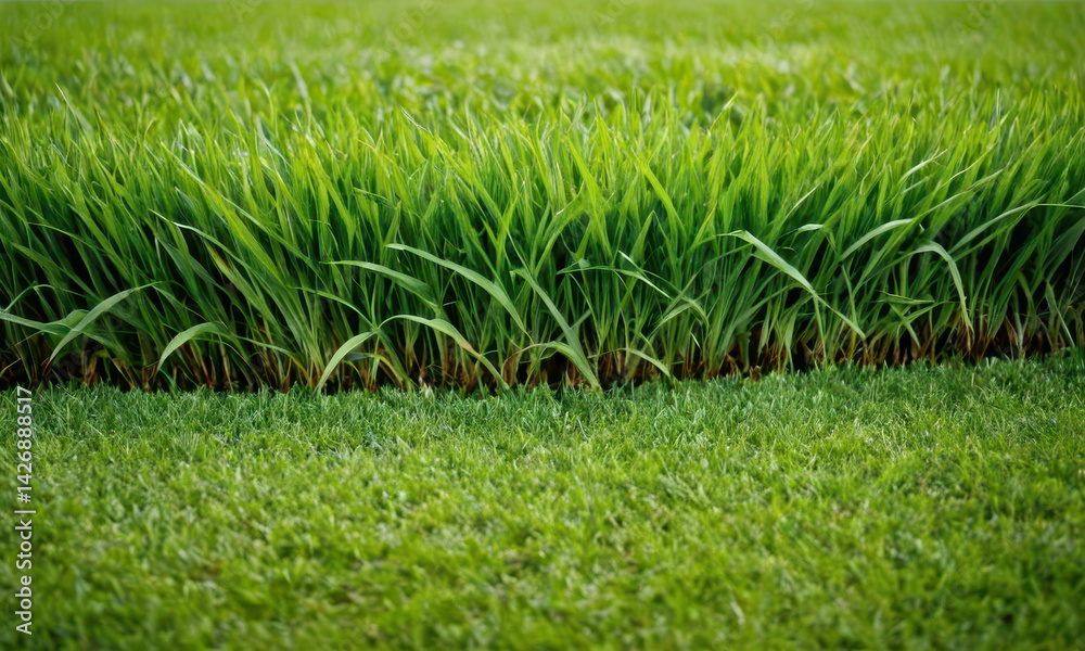 Poster a natural scene featuring a lush green grass field with a small patch of grass in the center