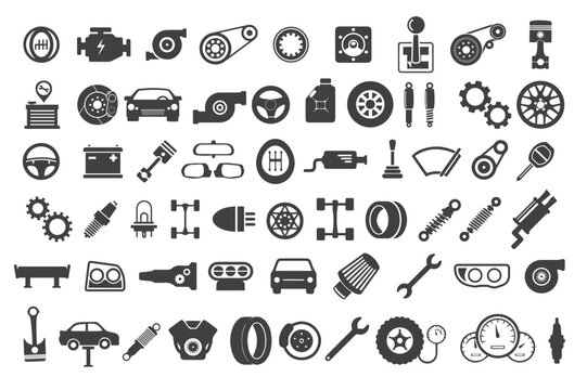 A set of car parts and automotive accessories in vector format. Ideal for repair shop designs, mechanic branding, and car-related infographics.