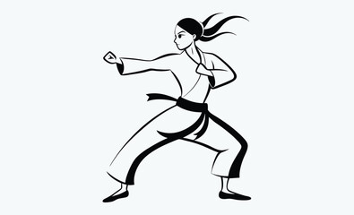karate woman silhouette, martial arts pose, black vector illustration