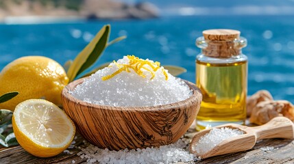 Sea salt scrub with lemon zest and olive oil in wooden bowl, ocean in background