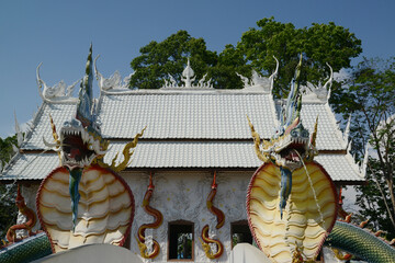 Wat Nong Jab Tao is a temple with a beautiful white ordination hall. It stands out with its beautiful stucco art of Naga sculptures in the surrounding area. Located at Chon Buri Province in Thailand.