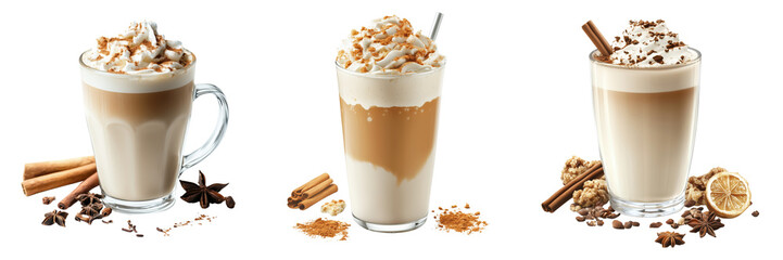 Set of A close-up of a creamy latte in a clear glass mug, topped with a swirl of whipped cream and a sprinkle of cinnamon and nutmeg on transparent png background. Ai generated