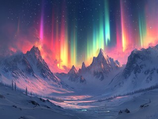 Northern Lights casting colorful hues across a snowy valley, icy peaks catching the glow of the aurora above 