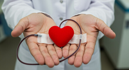 Obraz premium Hands holding a red heart connected to a blood bag with a white coat in the background scene