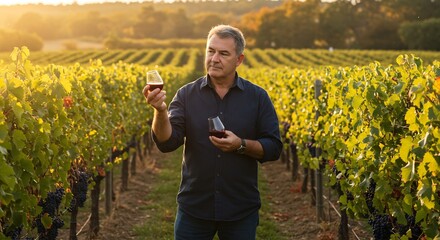 Winemaker inspecting red wine in vineyard at sunset