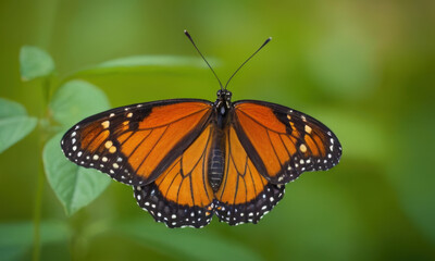 Fototapeta premium A monarch butterfly perched on a green leaf, ready for flight
