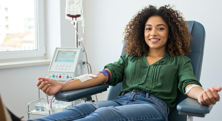 Woman smiling while donating blood in a clinic with medical equipment and a drip bag nearby