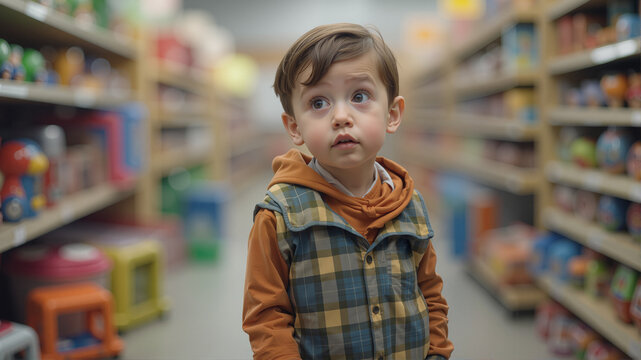 Curious boy exploring a toy store aisle  