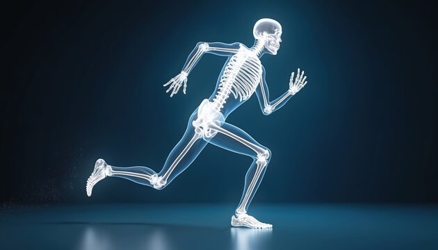 Artistic illustration human skeleton runner dynamic movement. Medical illustration of running biomechanics, bones muscles. Sport science, anatomy, health, fitness concept. 3D render.