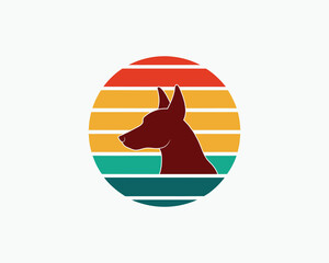 Retro Summer Vibes Featuring a Dog Head in a Striped Sunset Design on a White Background  